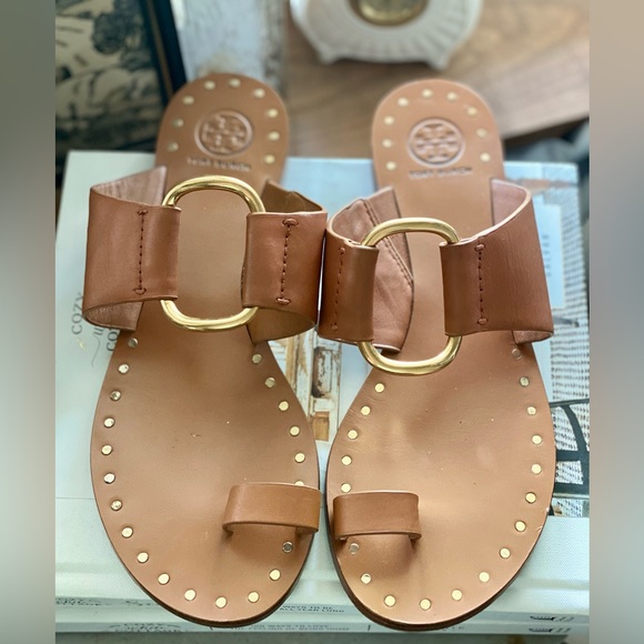 Tory Burch Shoes - Tory Burch Tan Leather Slide Sandals with Gold Ring